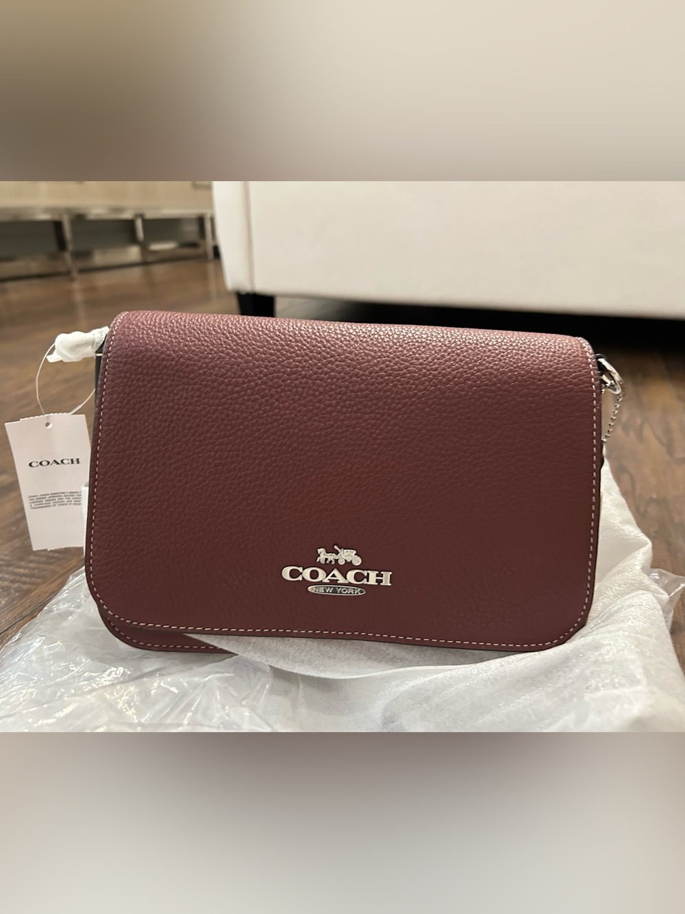 COACH Burgundy Pebbled Leather Crossbody with Silver Logo